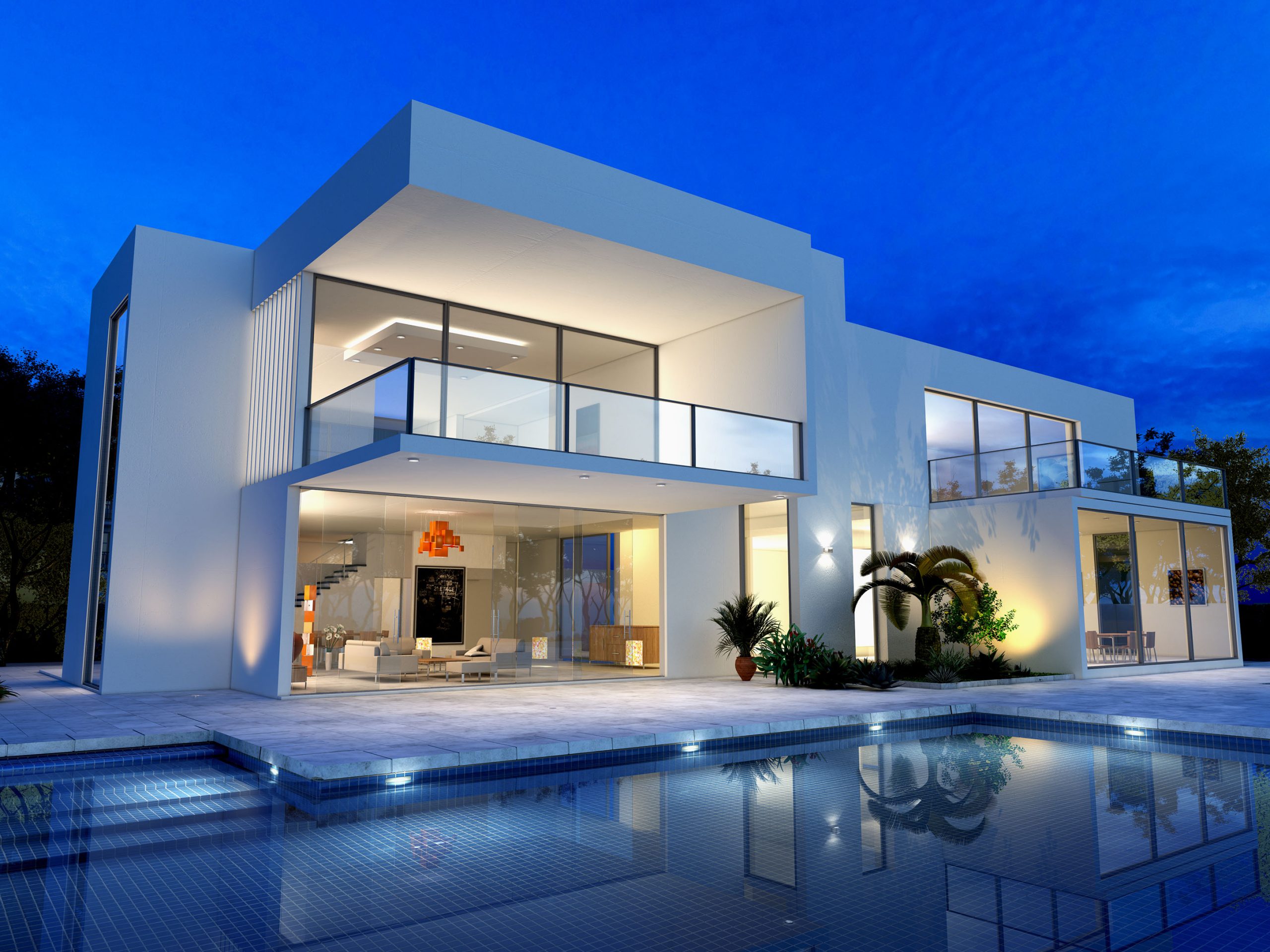 Modern luxury villa at dusk